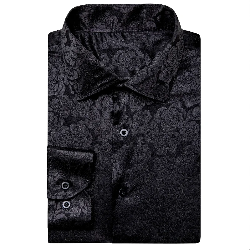 Simon.Von Black Print Flower Silk Men's Shirt- CY-0664