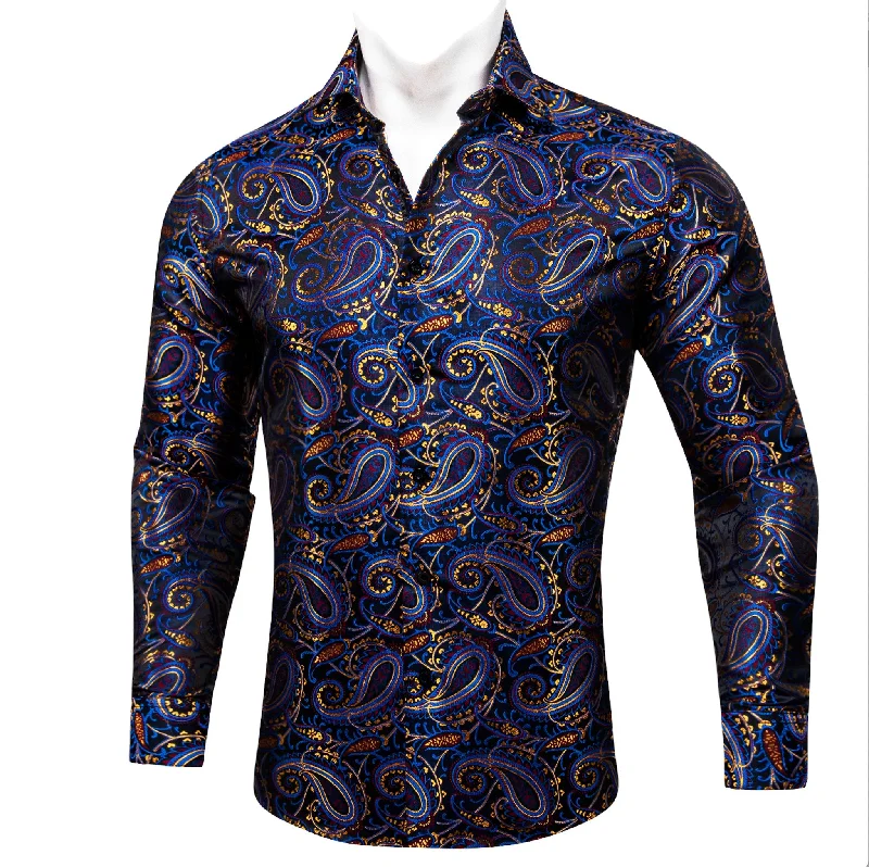 Simon.Von Blue Gold Paisley Silk Men's Shirt-CY-0461