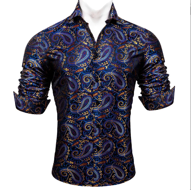 Simon.Von Blue Gold Paisley Silk Men's Shirt-CY-0461