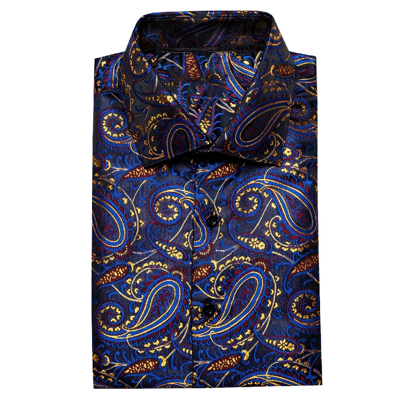 Simon.Von Blue Gold Paisley Silk Men's Shirt-CY-0461