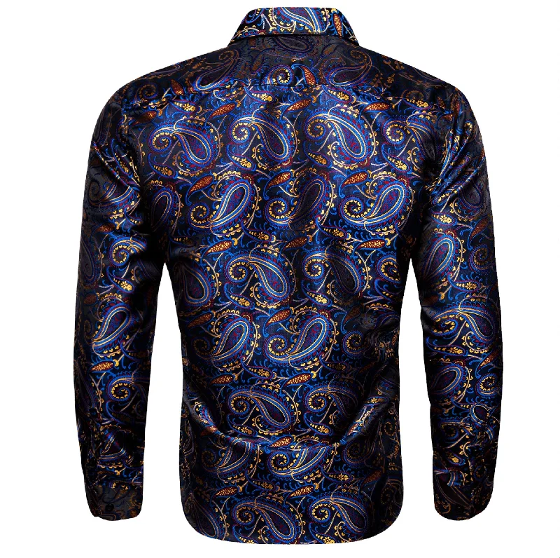 Simon.Von Blue Gold Paisley Silk Men's Shirt-CY-0461