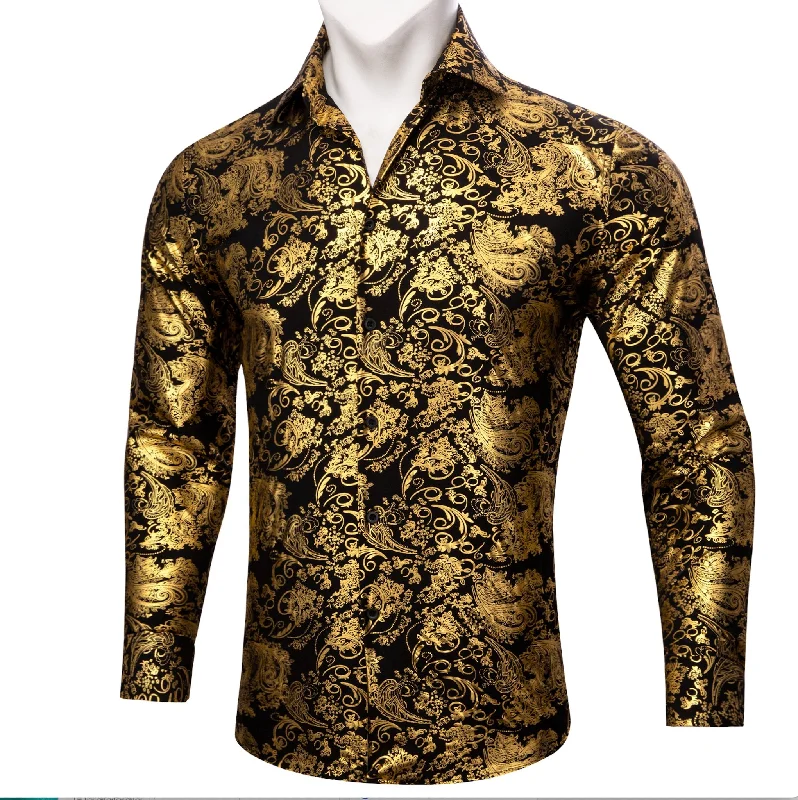 Simon.Von Bright Gold Black Paisley Silk Men's Shirt-CY-0591