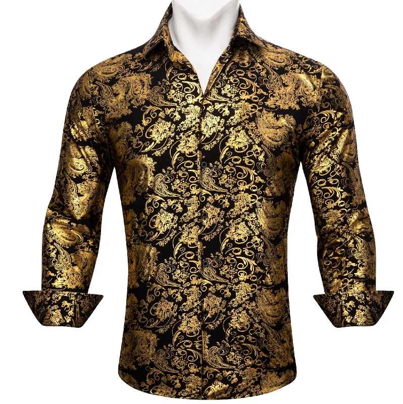 Simon.Von Bright Gold Black Paisley Silk Men's Shirt-CY-0591