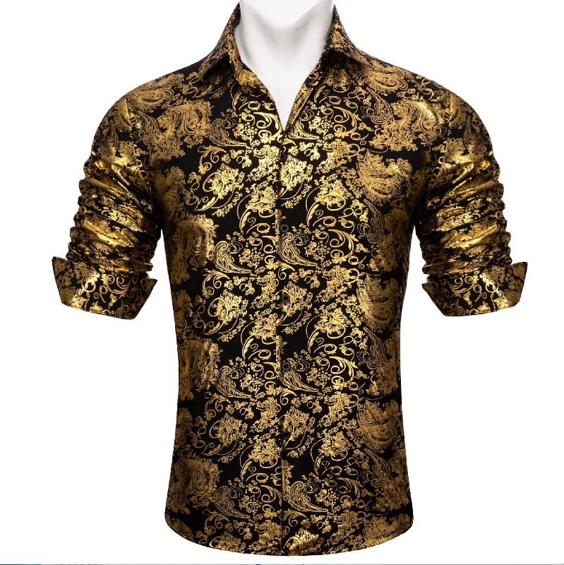 Simon.Von Bright Gold Black Paisley Silk Men's Shirt-CY-0591