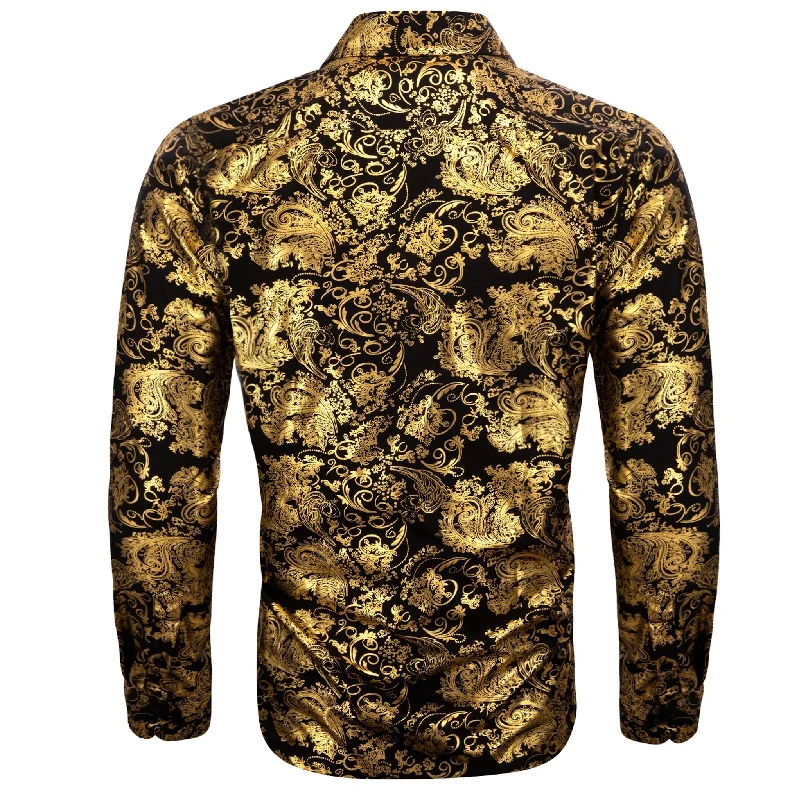 Simon.Von Bright Gold Black Paisley Silk Men's Shirt-CY-0591