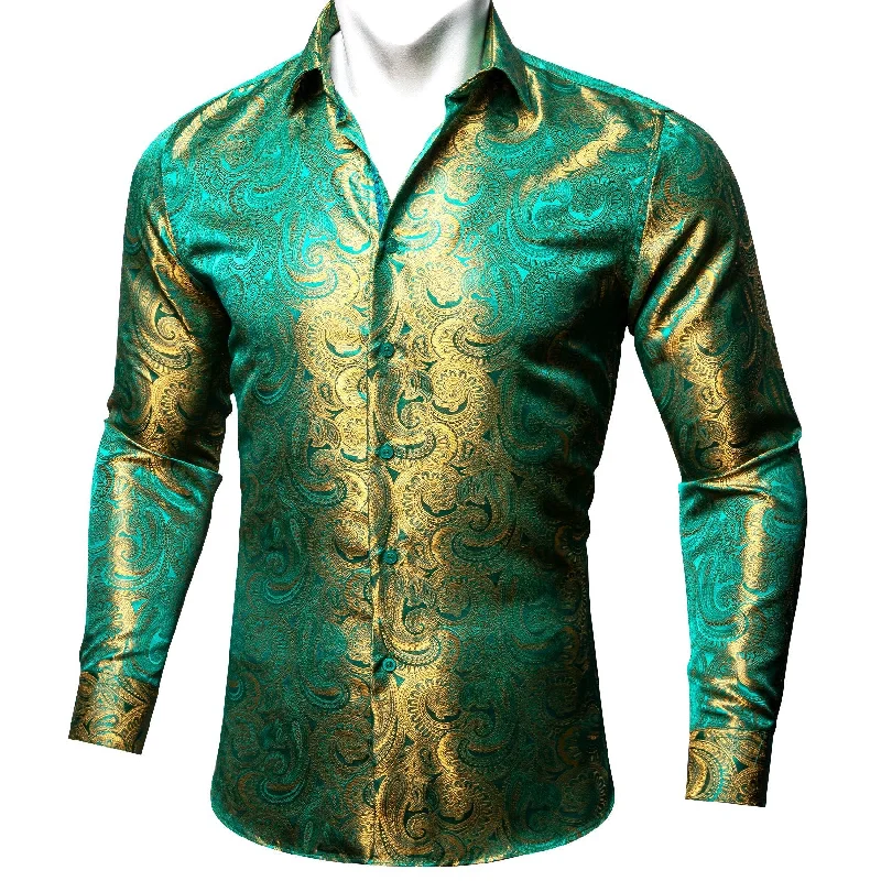 Simon Von Button Down Shirt Green Gold Paisley Silk Men's Shirt- CY-0604