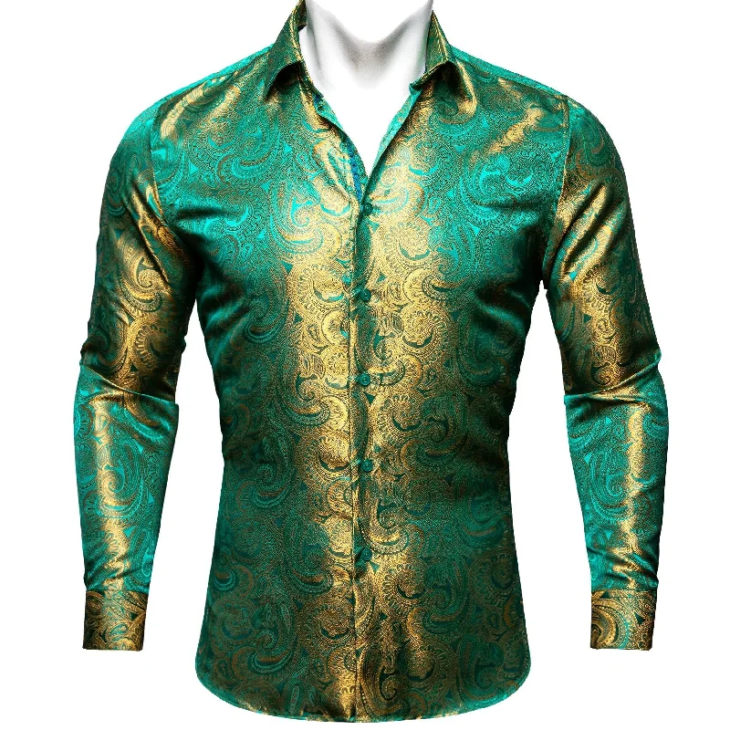 Simon Von Button Down Shirt Green Gold Paisley Silk Men's Shirt- CY-0604