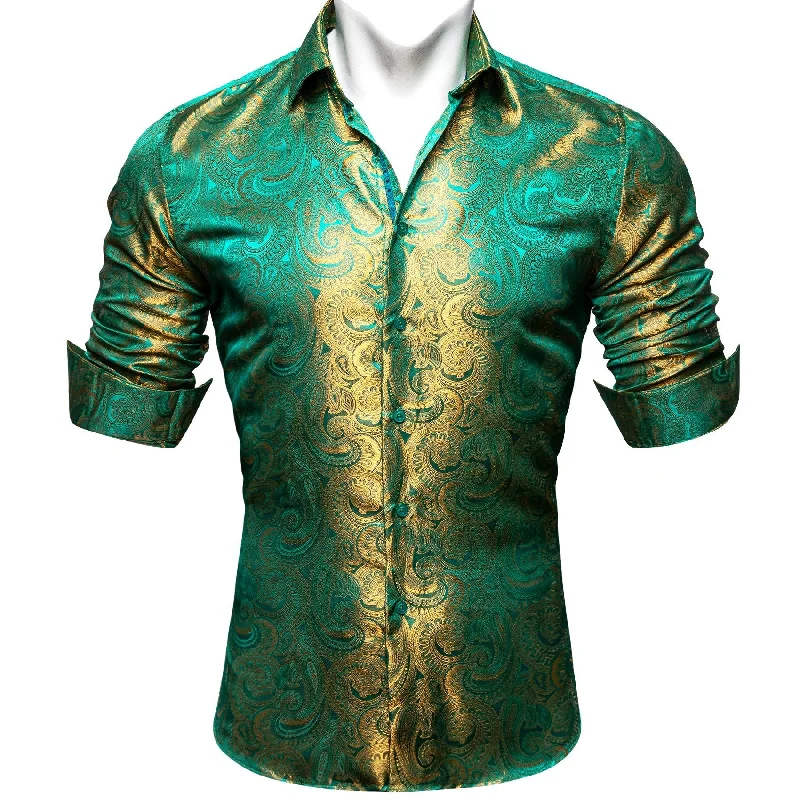 Simon Von Button Down Shirt Green Gold Paisley Silk Men's Shirt- CY-0604