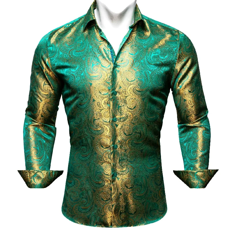 Simon Von Button Down Shirt Green Gold Paisley Silk Men's Shirt- CY-0604