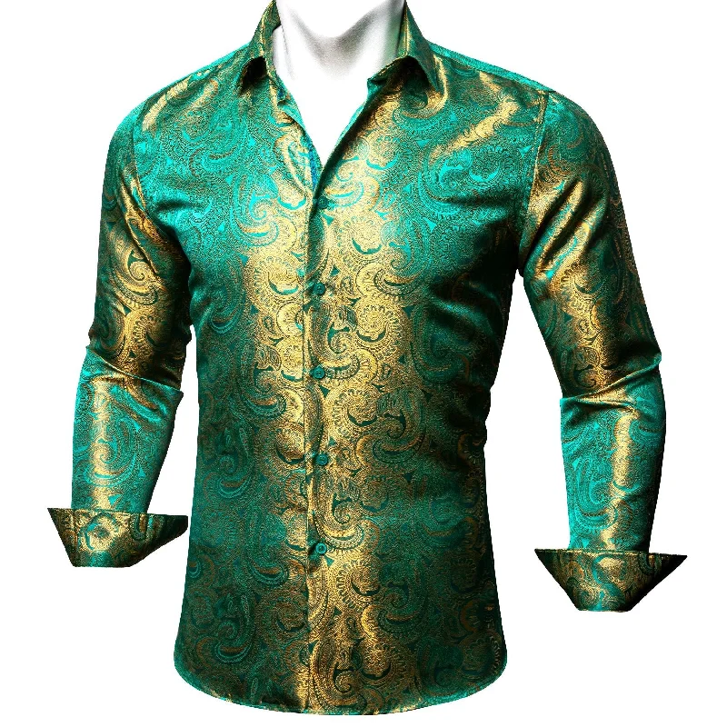 Simon Von Button Down Shirt Green Gold Paisley Silk Men's Shirt- CY-0604