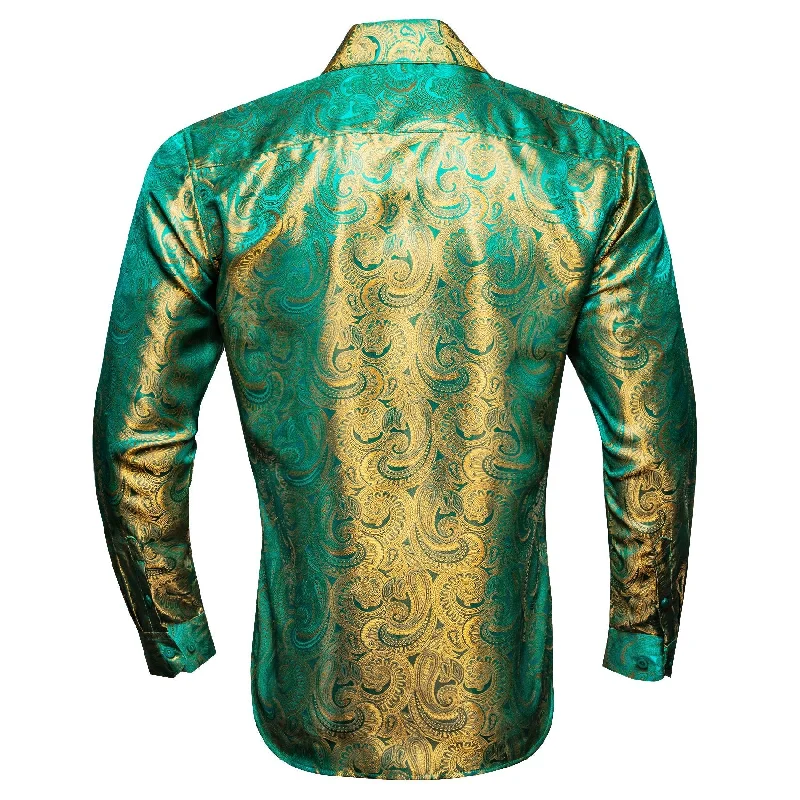 Simon Von Button Down Shirt Green Gold Paisley Silk Men's Shirt- CY-0604