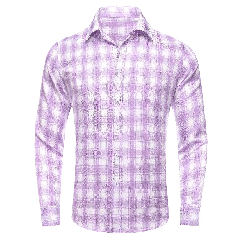 Simon Von Button Down Shirt Purple White Plaid Men's Silk Long Sleeve Shirt-CY-1930