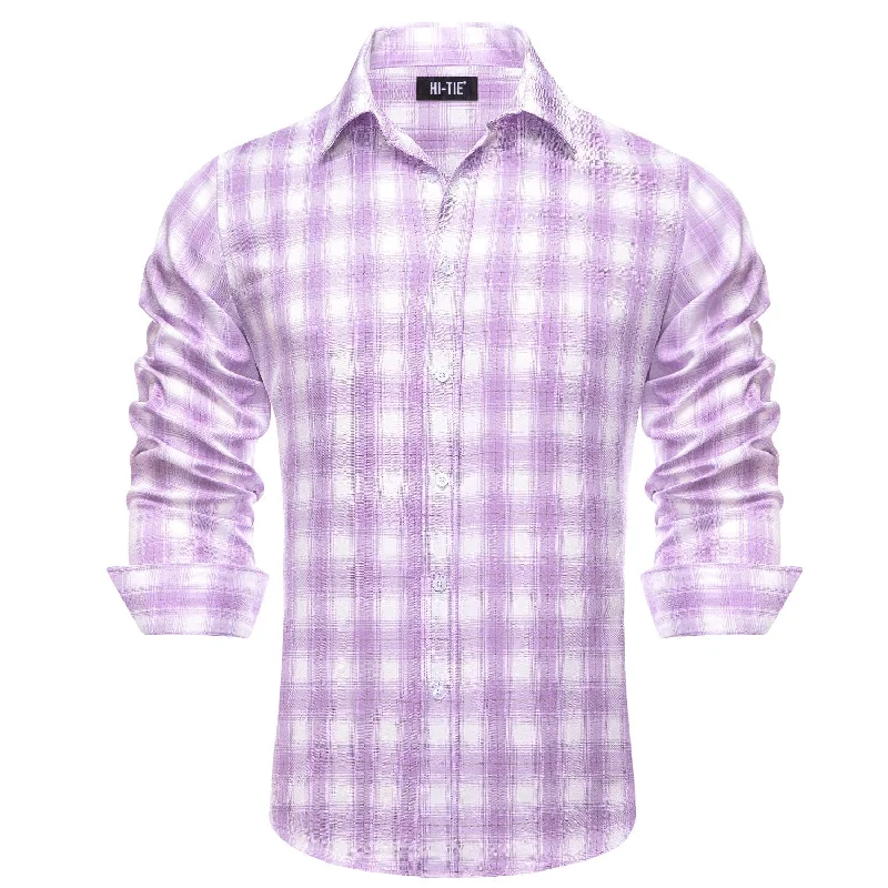 Simon Von Button Down Shirt Purple White Plaid Men's Silk Long Sleeve Shirt-CY-1930