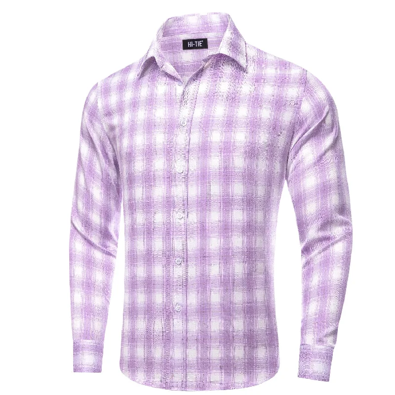 Simon Von Button Down Shirt Purple White Plaid Men's Silk Long Sleeve Shirt-CY-1930