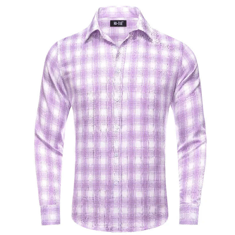 Simon Von Button Down Shirt Purple White Plaid Men's Silk Long Sleeve Shirt-CY-1930