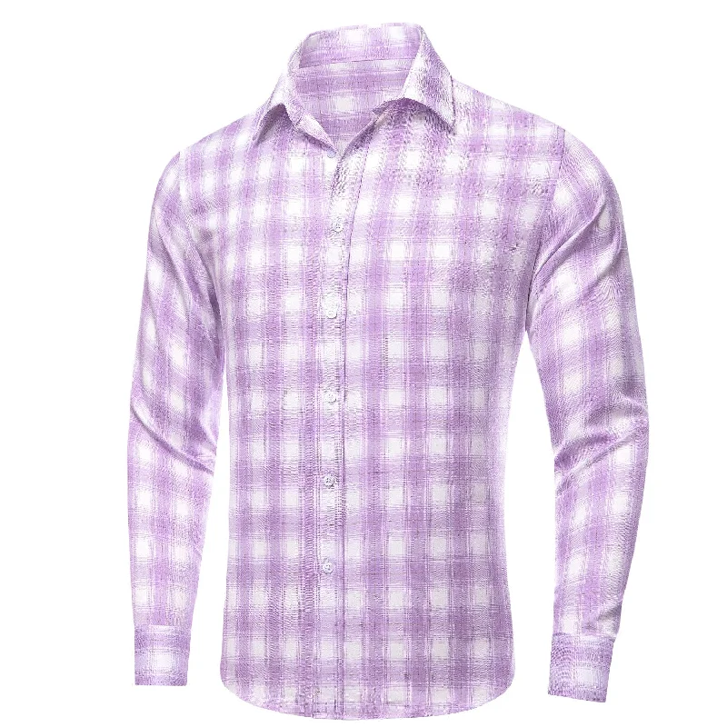 Simon Von Button Down Shirt Purple White Plaid Men's Silk Long Sleeve Shirt-CY-1930