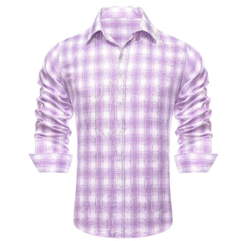 Simon Von Button Down Shirt Purple White Plaid Men's Silk Long Sleeve Shirt-CY-1930