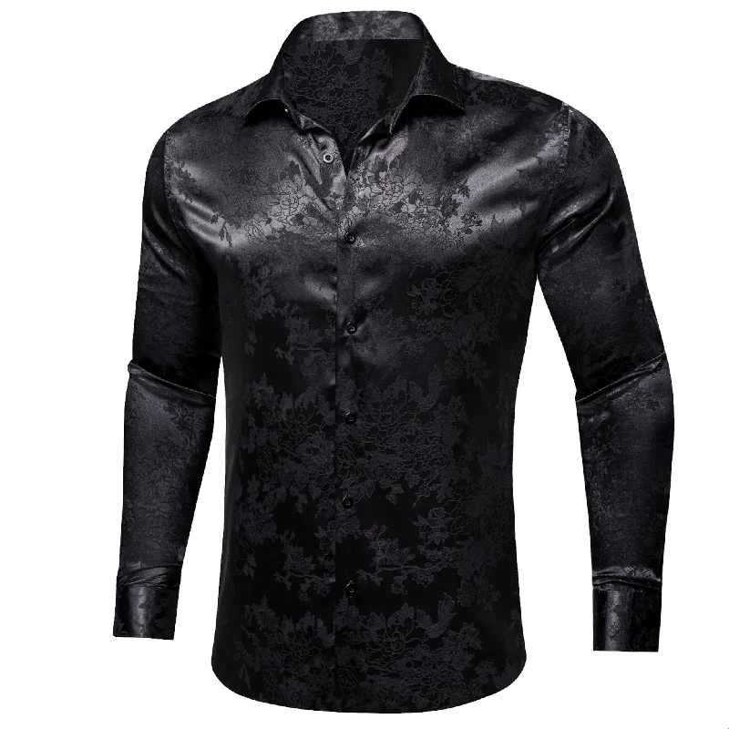 Simon.Von  Casual Black Floral Silk Men's Long Sleeve Shirt-CY-0698