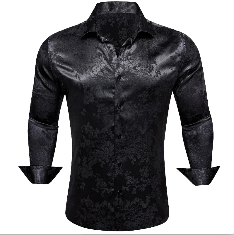 Simon.Von  Casual Black Floral Silk Men's Long Sleeve Shirt-CY-0698