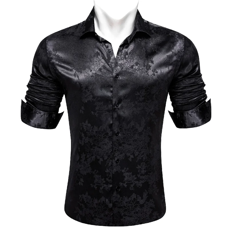 Simon.Von  Casual Black Floral Silk Men's Long Sleeve Shirt-CY-0698