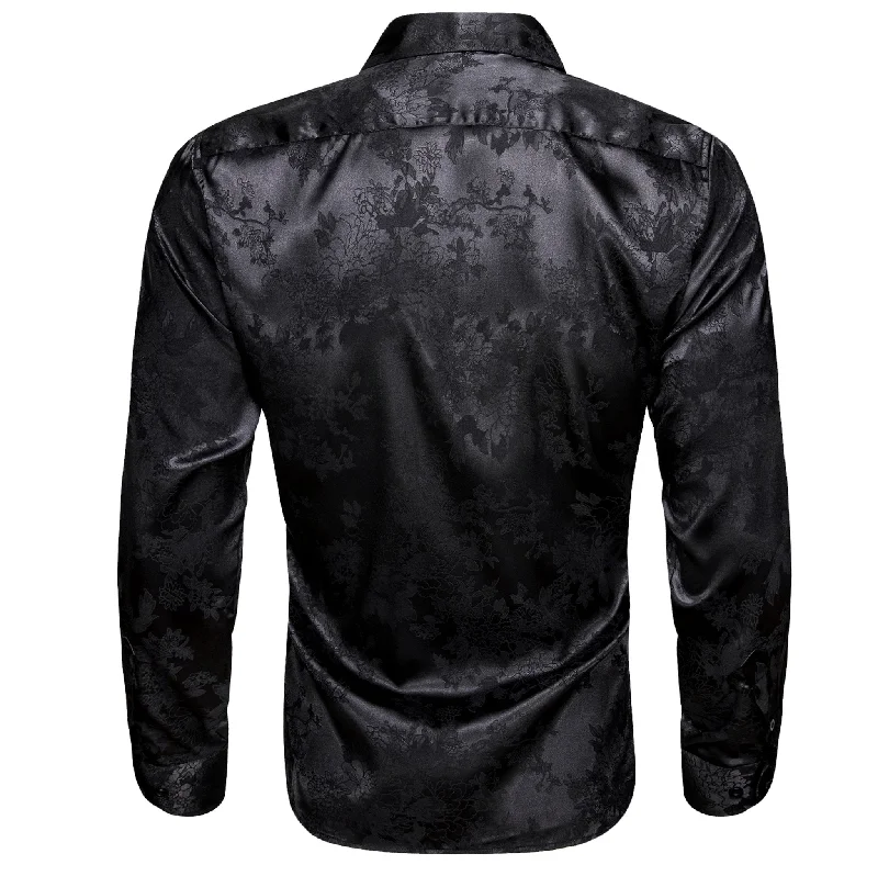 Simon.Von  Casual Black Floral Silk Men's Long Sleeve Shirt-CY-0698