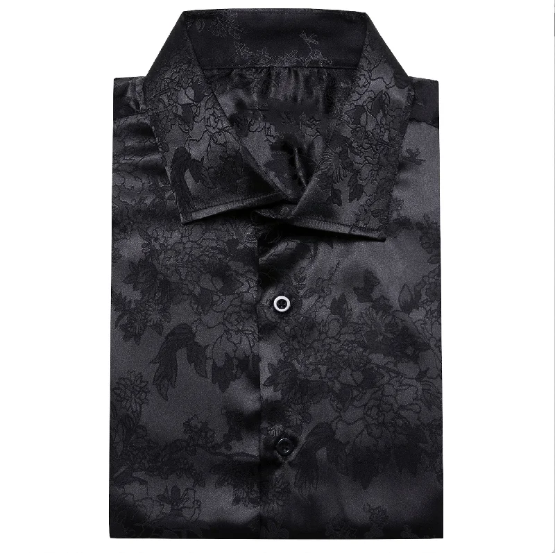 Simon.Von  Casual Black Floral Silk Men's Long Sleeve Shirt-CY-0698