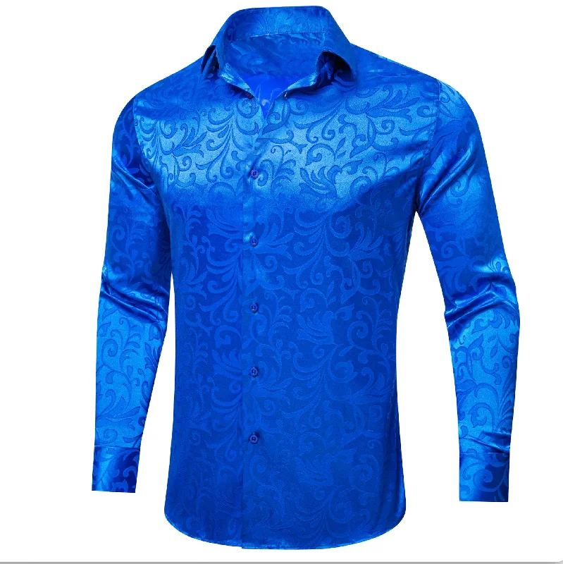 Simon.Von Cerulean Blue Floral Silk Men's Shirt- CY-0688