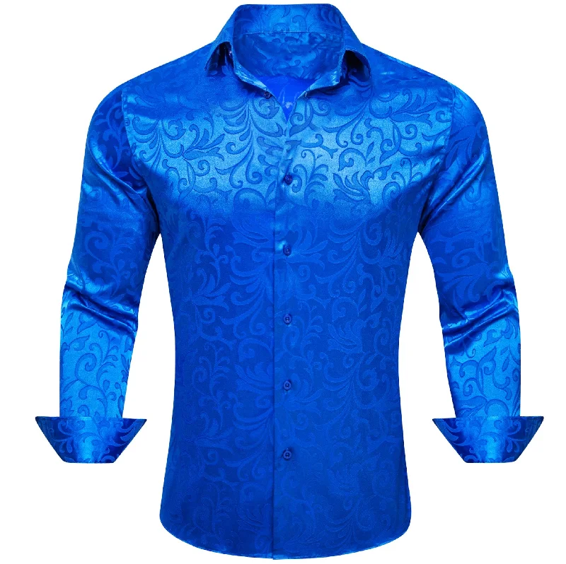 Simon.Von Cerulean Blue Floral Silk Men's Shirt- CY-0688