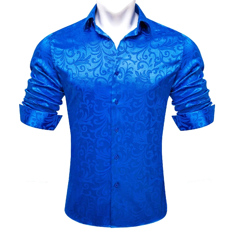 Simon.Von Cerulean Blue Floral Silk Men's Shirt- CY-0688