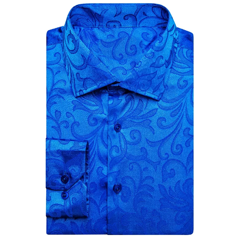 Simon.Von Cerulean Blue Floral Silk Men's Shirt- CY-0688