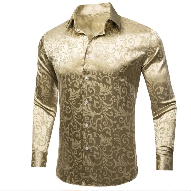 Simon.Von Champagne Gold Paisley Silk Men's Long Sleeve Shirt- CY-0689