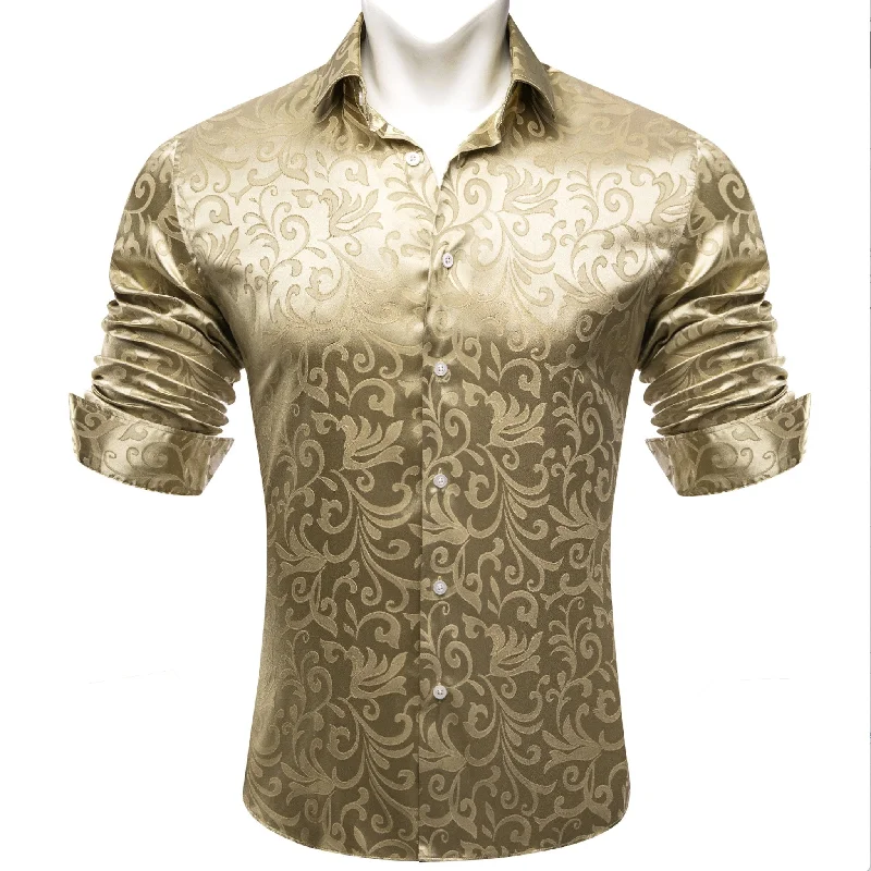 Simon.Von Champagne Gold Paisley Silk Men's Long Sleeve Shirt- CY-0689