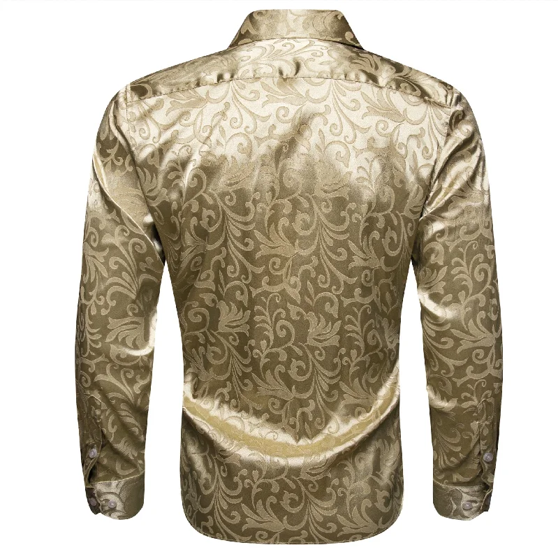 Simon.Von Champagne Gold Paisley Silk Men's Long Sleeve Shirt- CY-0689