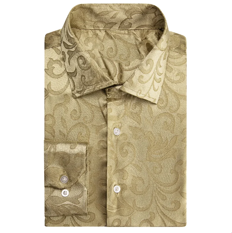 Simon.Von Champagne Gold Paisley Silk Men's Long Sleeve Shirt- CY-0689