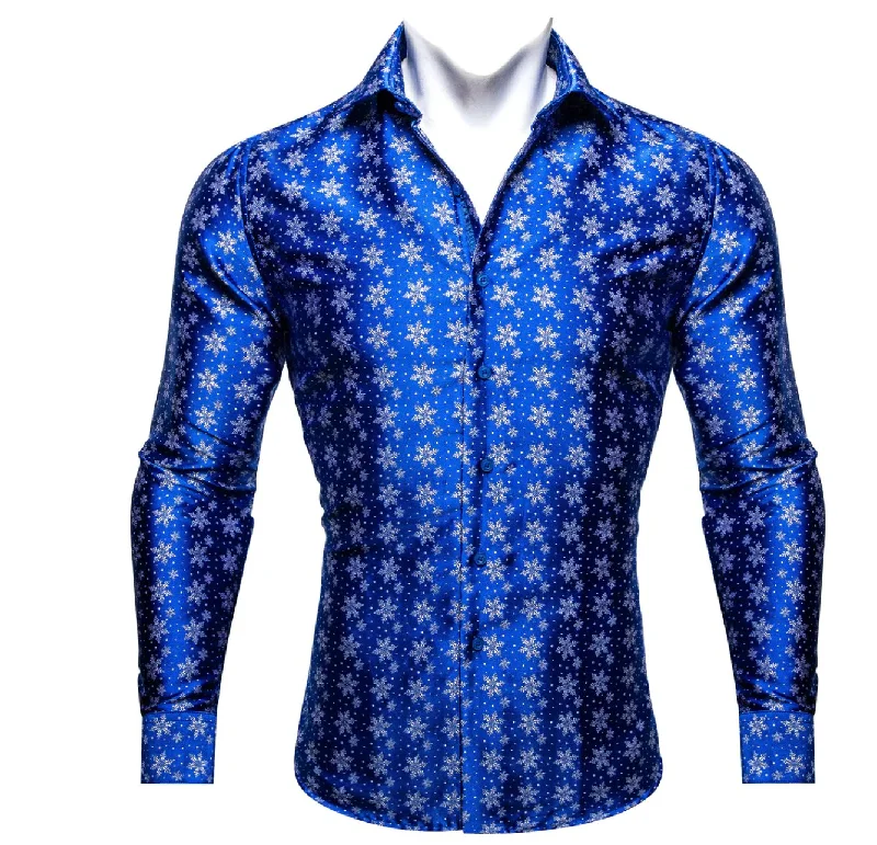 Simon Von Christmas Blue White Snowflake Floral Silk  Slim Fit Shirt- CY-0510