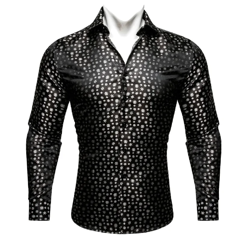 Simon Von Christmas Element Black White Floral Silk Shirt- CY-0509