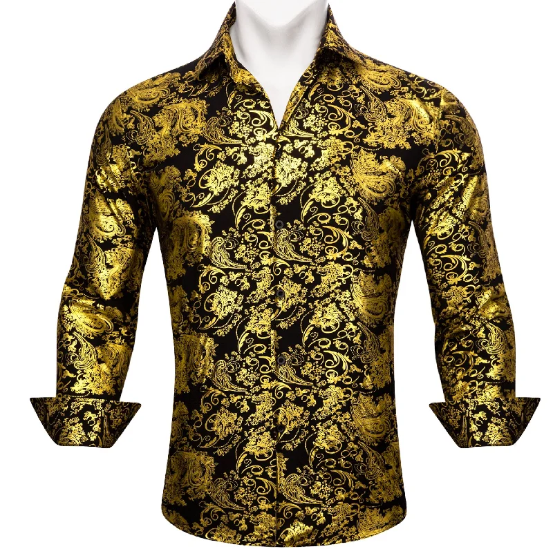 Simon.Von Classy Gold Black Paisley Silk Men's Shirt-CY-0590