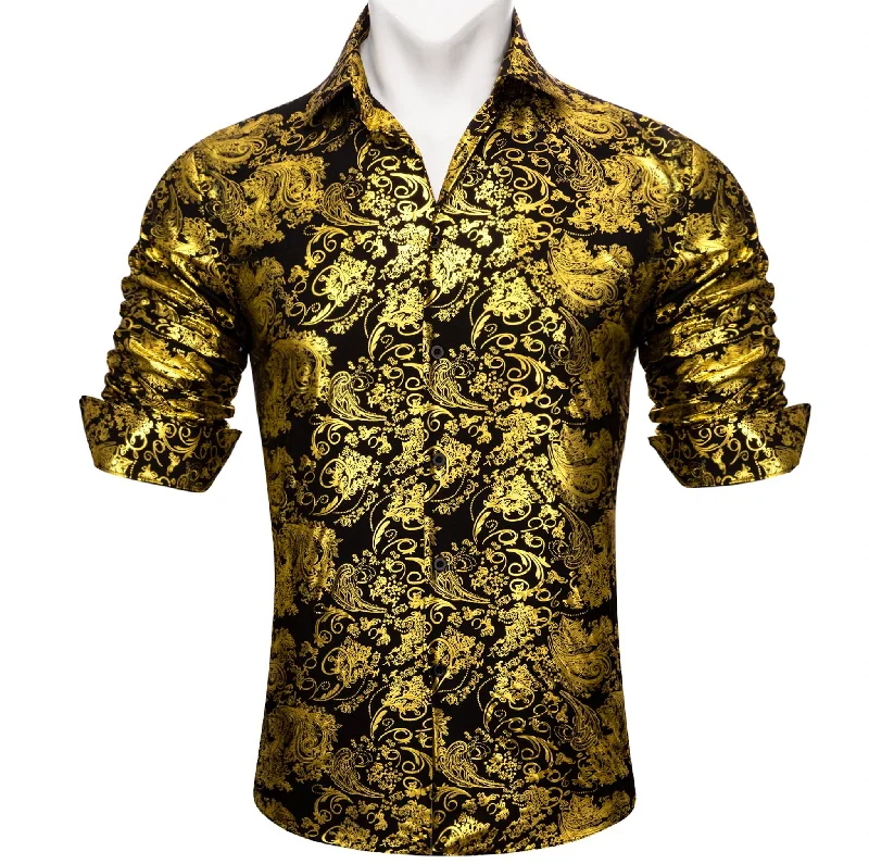 Simon.Von Classy Gold Black Paisley Silk Men's Shirt-CY-0590