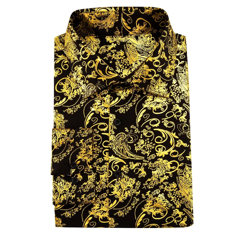 Simon.Von Classy Gold Black Paisley Silk Men's Shirt-CY-0590