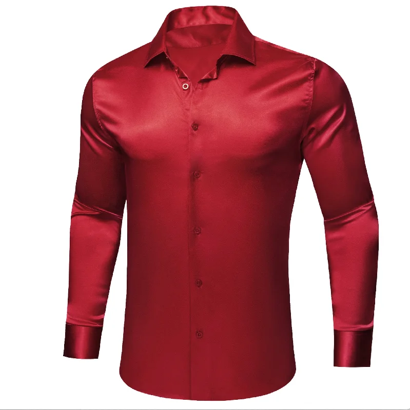 Simon.Von  Red Solid Silk Men's Long Sleeve Shirt- CY-0520