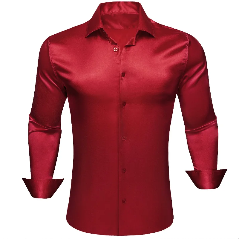 Simon.Von  Red Solid Silk Men's Long Sleeve Shirt- CY-0520