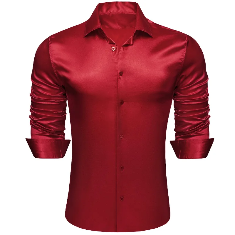 Simon.Von  Red Solid Silk Men's Long Sleeve Shirt- CY-0520