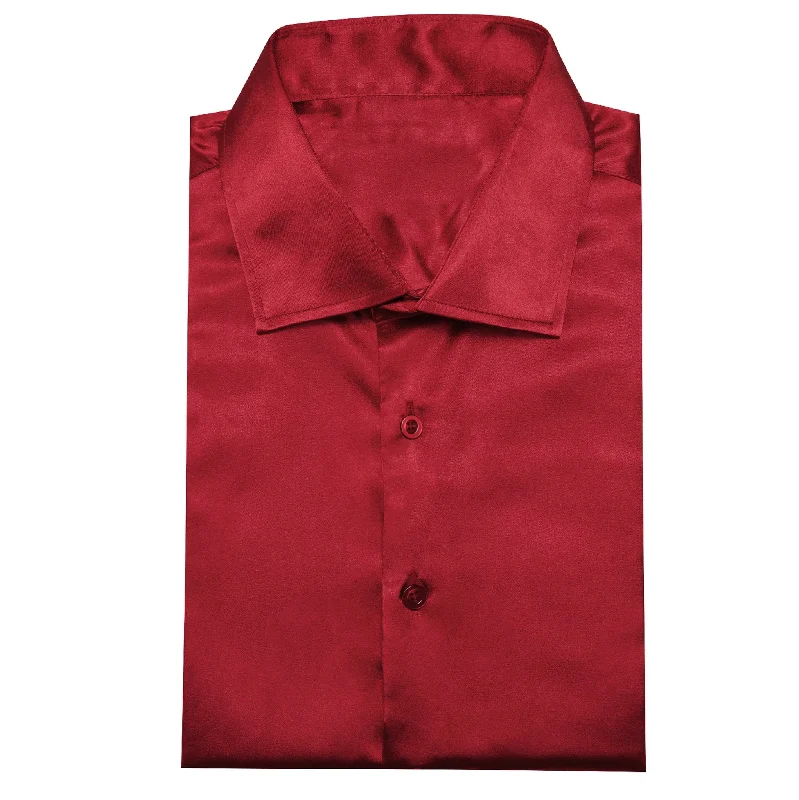 Simon.Von  Red Solid Silk Men's Long Sleeve Shirt- CY-0520