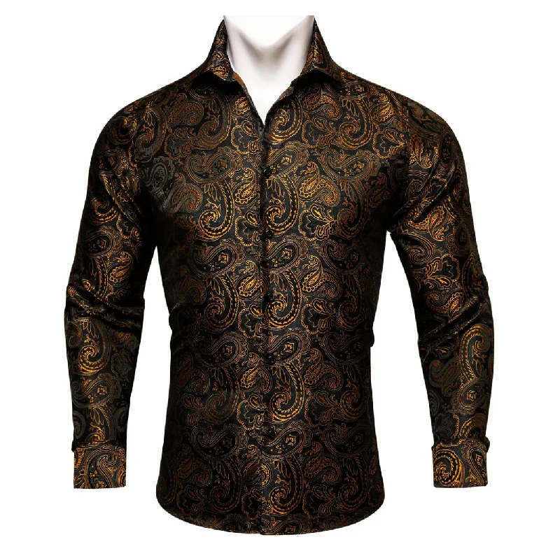 Simon.Von  Long Sleeve Shirt Black Golden Paisley Silk Shirt -CY-0445