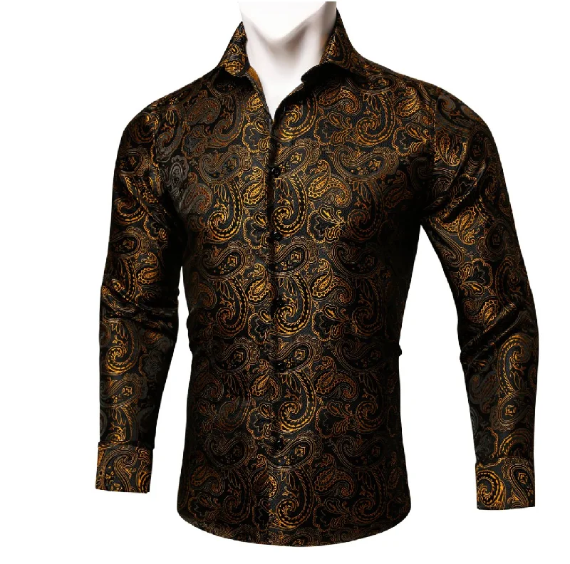 Simon.Von  Long Sleeve Shirt Black Golden Paisley Silk Shirt -CY-0445