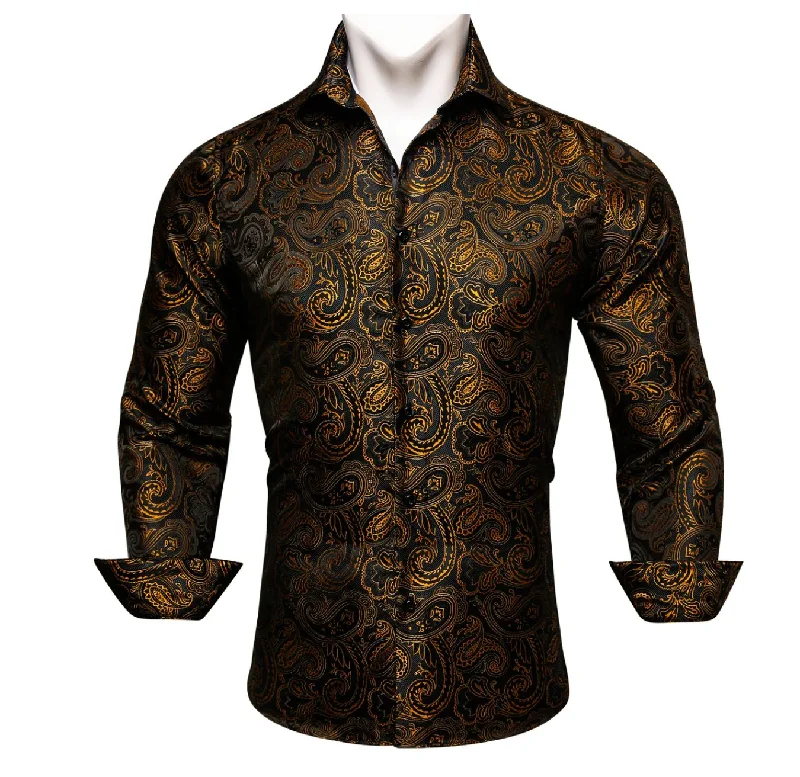 Simon.Von  Long Sleeve Shirt Black Golden Paisley Silk Shirt -CY-0445