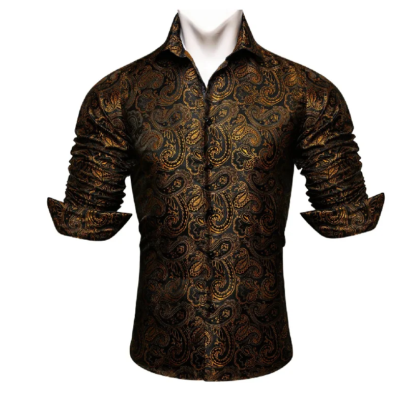 Simon.Von  Long Sleeve Shirt Black Golden Paisley Silk Shirt -CY-0445