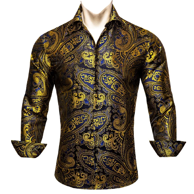 Simon.Von Gold Blue Black Paisley Pattern Silk Men's Formal Shirt- CY-0444