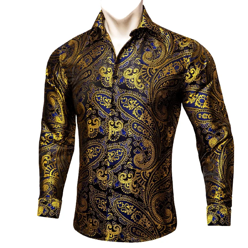 Simon.Von Gold Blue Black Paisley Pattern Silk Men's Formal Shirt- CY-0444