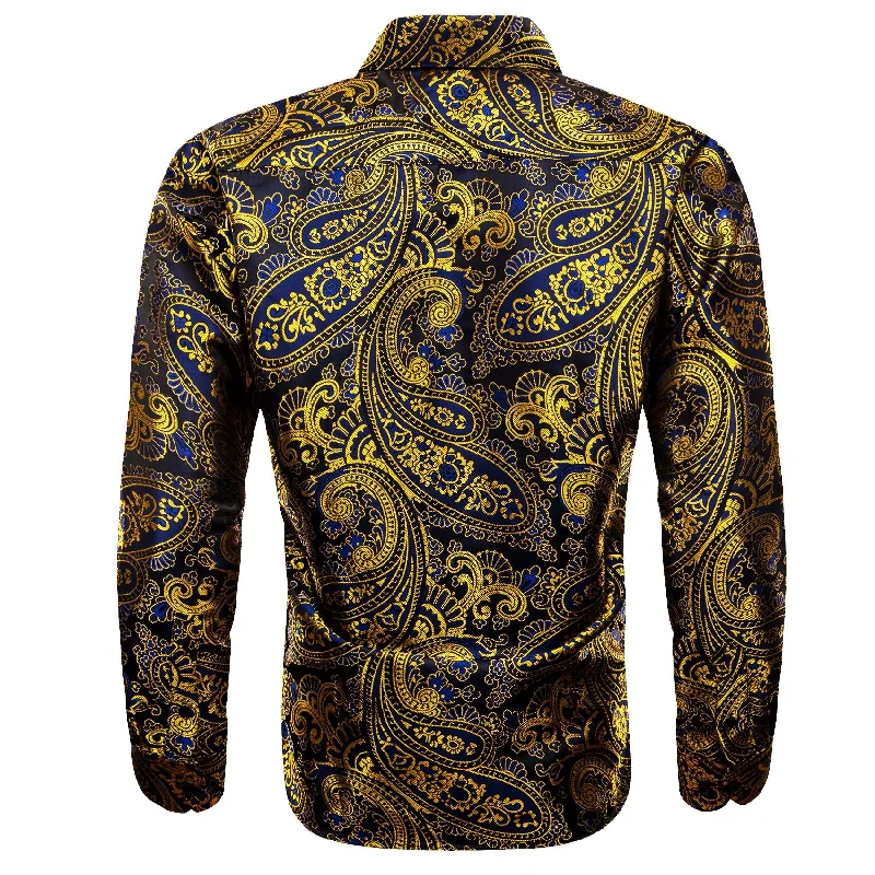 Simon.Von Gold Blue Black Paisley Pattern Silk Men's Formal Shirt- CY-0444